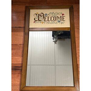 Vintage Wooden Wall Mirror Cross-Stitch "Welcome" Frame - Rustic Charm - 30"x17"